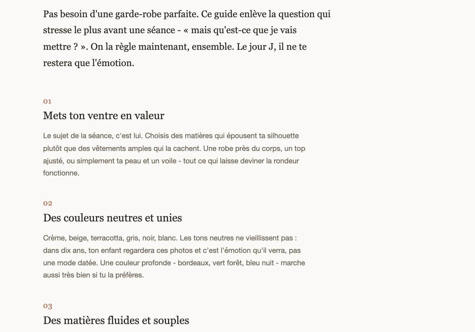 Page du guide: la règle d'or, mettre le ventre en valeur, et le chapitre sur les couleurs neutres